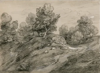 Waldige Hügellandschaft mit Schäfer und Schafen und einem Landweg, der um einen Hügel herumführt
